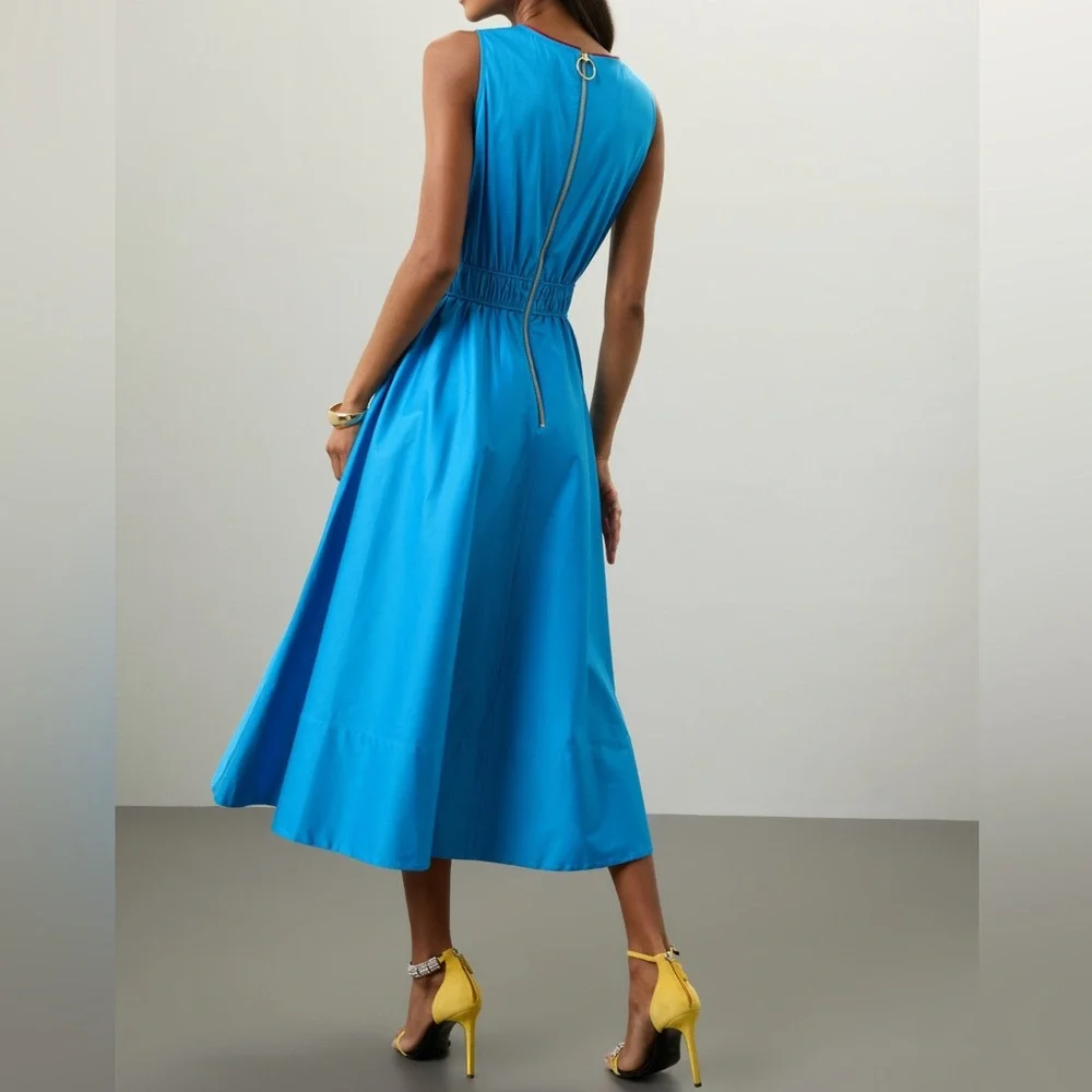 Roksanda Blue Midi Dress Sleeveless V-Neck Cinch Waist